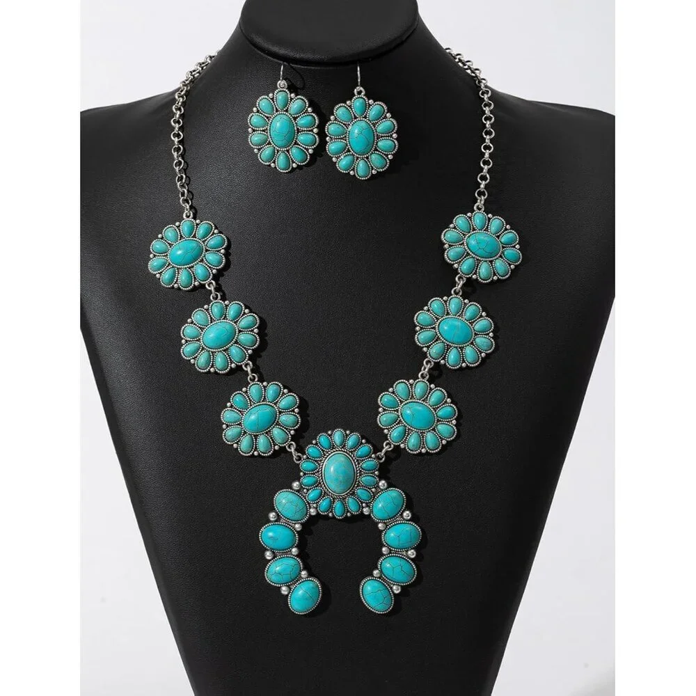 Chic Synthetic Turquoise Necklace with Matching Bohemian Earrings - Women's Set